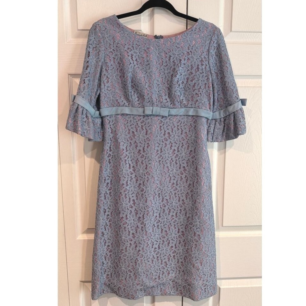 Vintage Francis Gale 50s Periwinkle & Pink Party Dress Lace Bows Flutter Sleeves